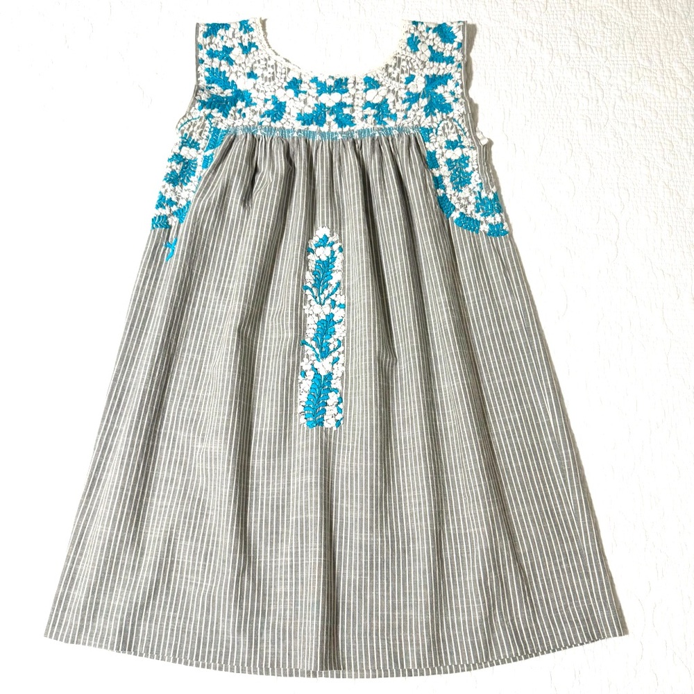 MI GOLONDRINA Flores Short Mini Dress Vertical Stripes Embroidered Artisanal